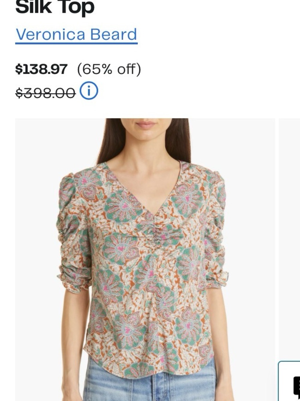 Veronica Beard Henrieta Scarf Print Stretch Silk Top V-Neck Puff Sleeves